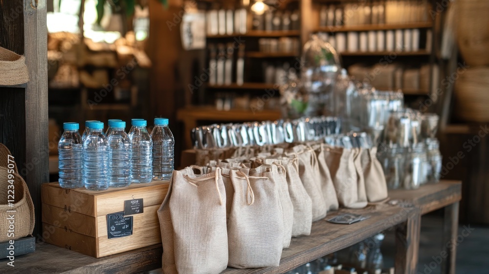 Rustic Shop Displaying Water Bottles and Burlap Bags Rustic Shop Displaying Water Bottles and Burlap Bags