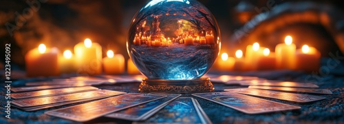 Close-up of crystal ball reflecting tarot cards and glowing candles in darkness