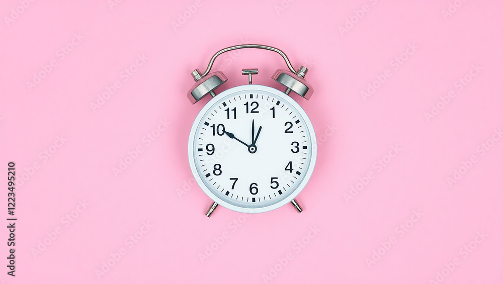 White alarm clock on a pink background, top view White alarm clock on a pink background, top view