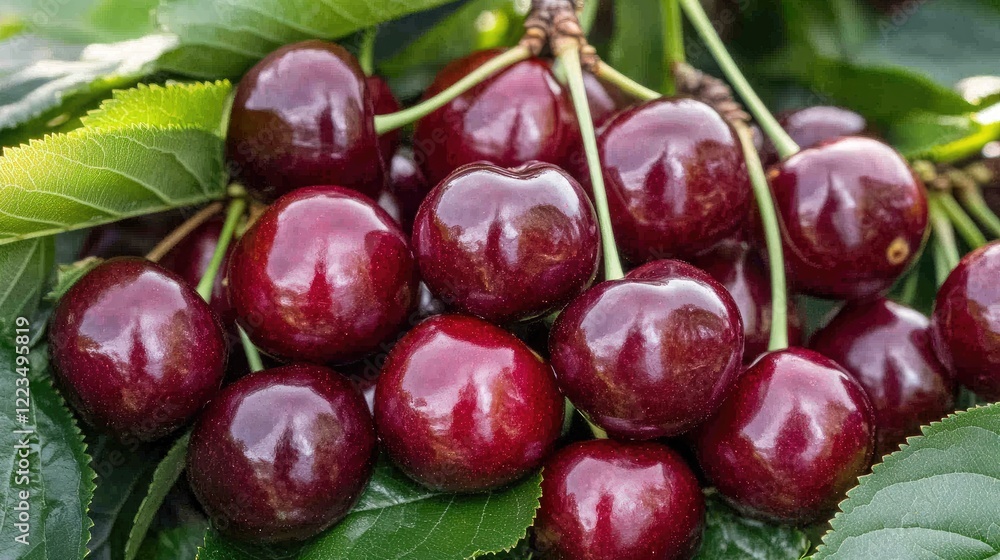 Bright red cherries adorn a tree branch surrounded by lush green leaves in a tranquil garden, showcasing nature's beauty in summer Bright red cherries adorn a tree branch surrounded by lush green leaves in a tranquil garden, showcasing nature's beauty in summer