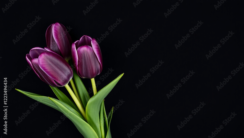 Three dark purple tulips on black background Three dark purple tulips on black background