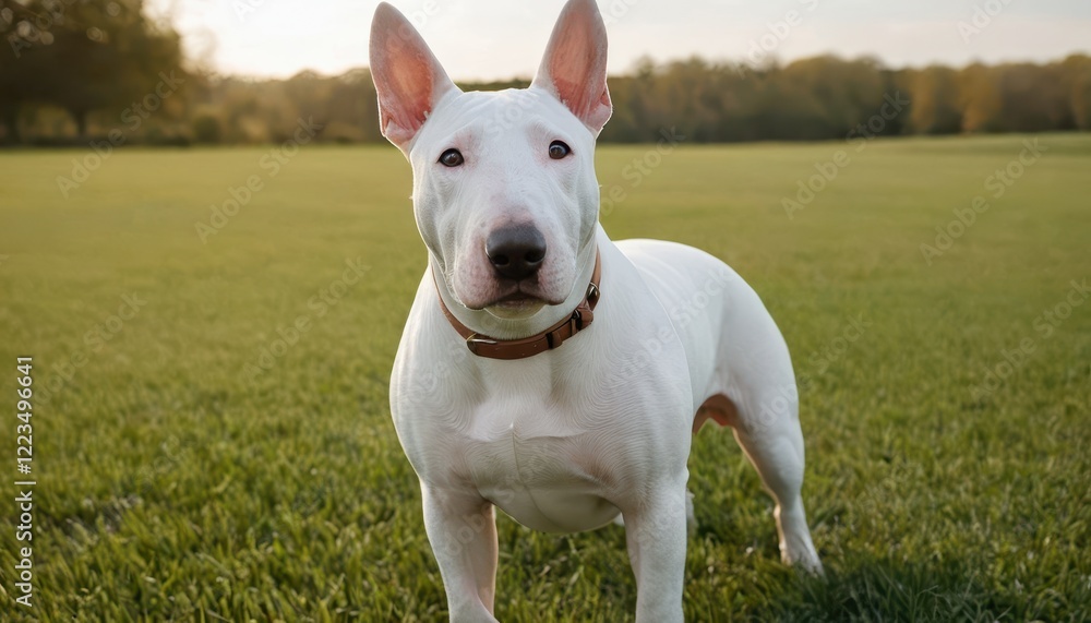 Majestic white Bull Terrier in a peaceful field, framed by natural golden wheat and green trees, showcasing its muscular build and confident stance Majestic white Bull Terrier in a peaceful field, framed by natural golden wheat and green trees, showcasing its muscular build and confident stance