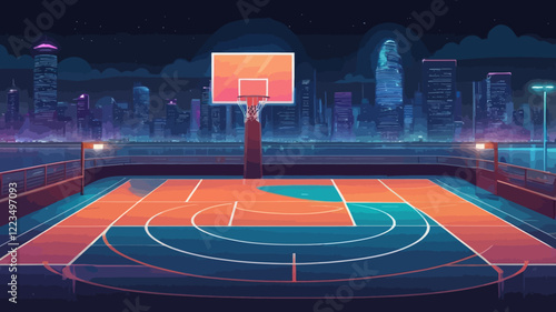 Night street basketball court and neon cityscape. Outdoor playground for basket sport game near sea shore cartoon vector background. Empty school team arena stadium on coast with skyscraper glow view