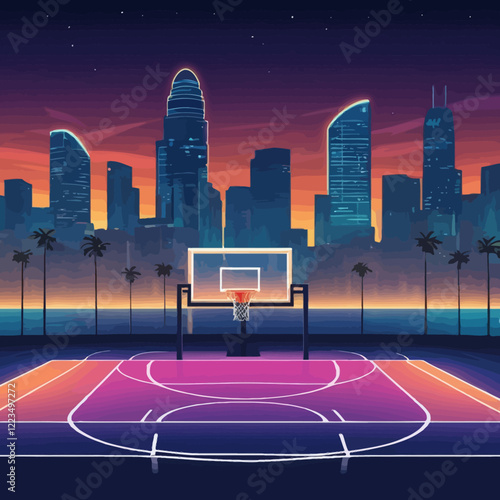 Night street basketball court and neon cityscape. Outdoor playground for basket sport game near sea shore cartoon vector background. Empty school team arena stadium on coast with skyscraper glow view