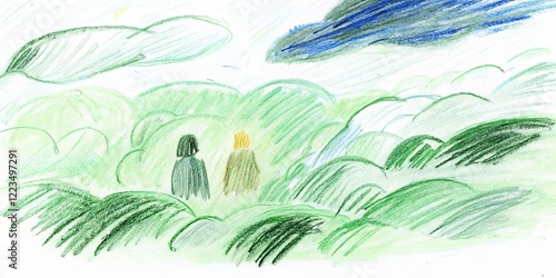 Whimsical forest adventure: two figures in a lush green landscape with dramatic sky photo