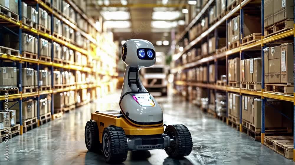 Futuristic autonomous mobile warehouse robot with blue illuminated ...