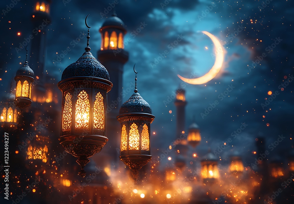 Fototapeta premium Illuminated Lanterns Against Night Sky with Crescent Moon and Sparkling Lights