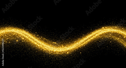 Dynamic motion of golden particles creating a fluid, abstract form