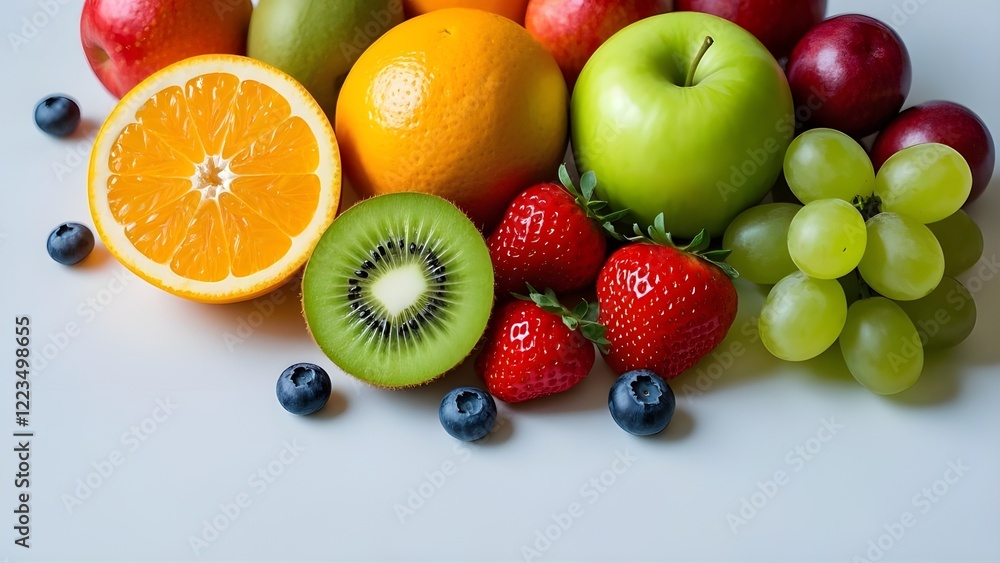 Top view A visually appealing arrangement of fresh fruits, including oranges, strawberries, and kiwis, apple, grapes, blue berry set against a clean white background Top view A visually appealing arrangement of fresh fruits, including oranges, strawberries, and kiwis, apple, grapes, blue berry set against a clean white background