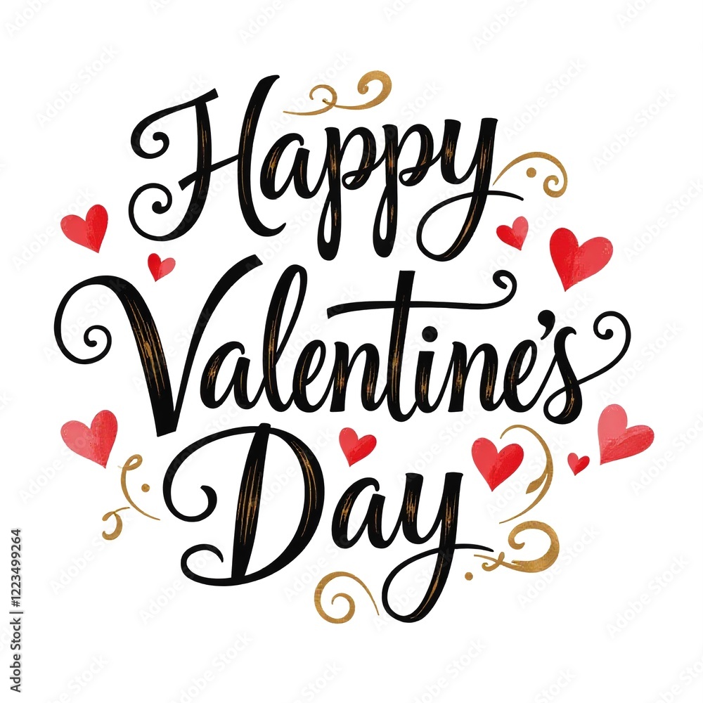 Fototapeta premium Romantic Valentine's Day Greeting Card Template with Red Hearts and Gold Swirls for Marketing Campaigns, Social Media Posts, and Digital Advertising