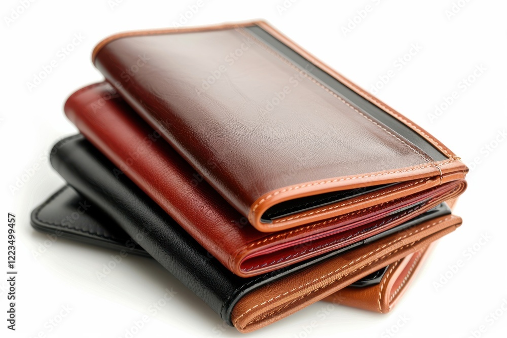 Elegant stack of leather wallets showcasing craftsmanship and color variety against a clean white background isolated on transparent background Elegant stack of leather wallets showcasing craftsmanship and color variety against a clean white background isolated on transparent background