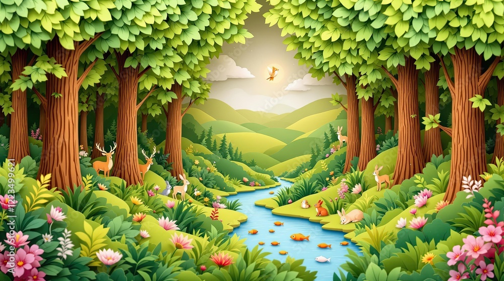 Fototapeta premium Idyllic forest scene with river, wildlife, and lush greenery under a sunny sky
