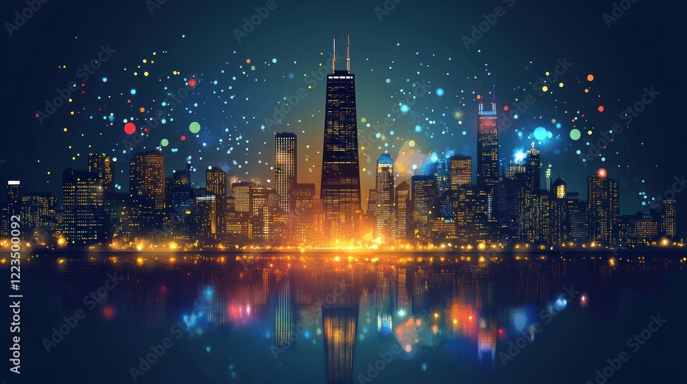 Obraz premium Night City Skyline Illuminated With Festive Lights