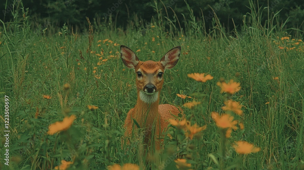 Deer in wildflowers, forest background, summer meadow Deer in wildflowers, forest background, summer meadow