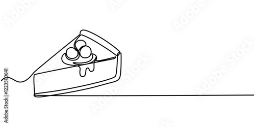 one line drawing of cheesecake with cherries. Hand drawn piece of cake, Continuous one line drawing pastry cutlet dish with cherry. Dessert concept. Single line draw design vector graphic illustration