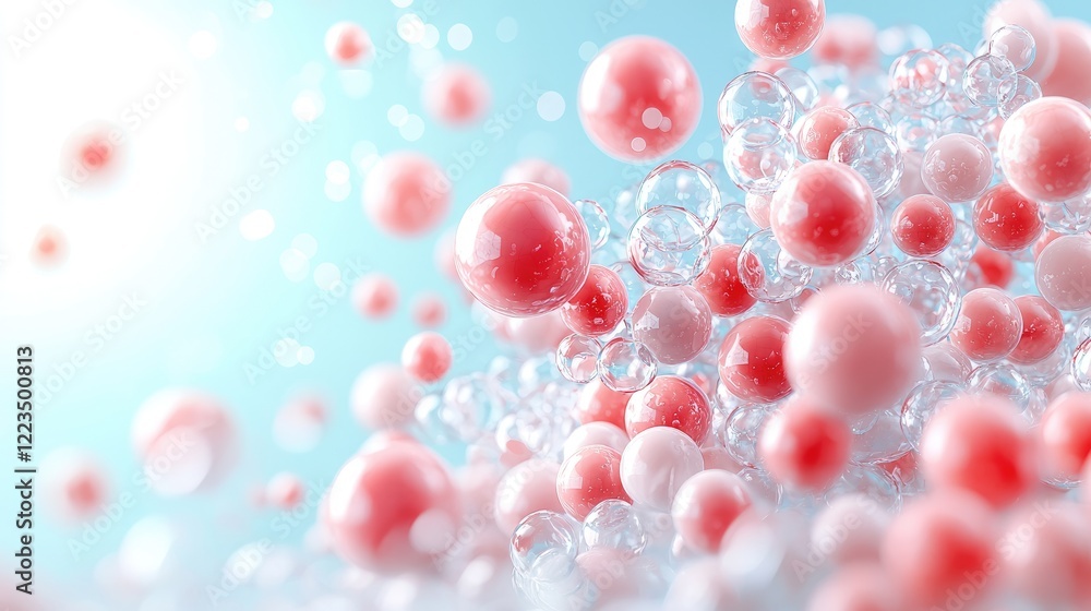 Pink and clear spheres float, light background, abstract beauty, cosmetic ad Pink and clear spheres float, light background, abstract beauty, cosmetic ad
