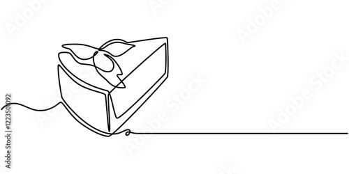 one line drawing of cheesecake with cherries. Hand drawn piece of cake, Continuous one line drawing pastry cutlet dish with cherry. Dessert concept. Single line draw design vector graphic illustration