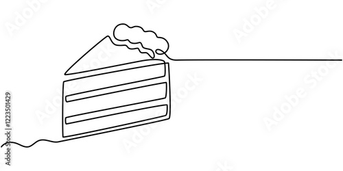 one line drawing of cheesecake with cherries. Hand drawn piece of cake, Continuous one line drawing pastry cutlet dish with cherry. Dessert concept. Single line draw design vector graphic illustration