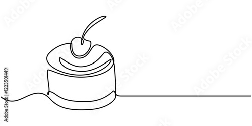 one line drawing of cheesecake with cherries. Hand drawn piece of cake, Continuous one line drawing pastry cutlet dish with cherry. Dessert concept. Single line draw design vector graphic illustration