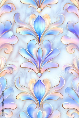 Abstract composition featuring golden neo-classical motifs and holographic digital patterns on a marble backdrop for artistic expression