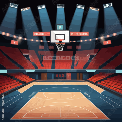 Modern basketball court interior with spotlights scoreboard and empty seats cartoon vector illustration