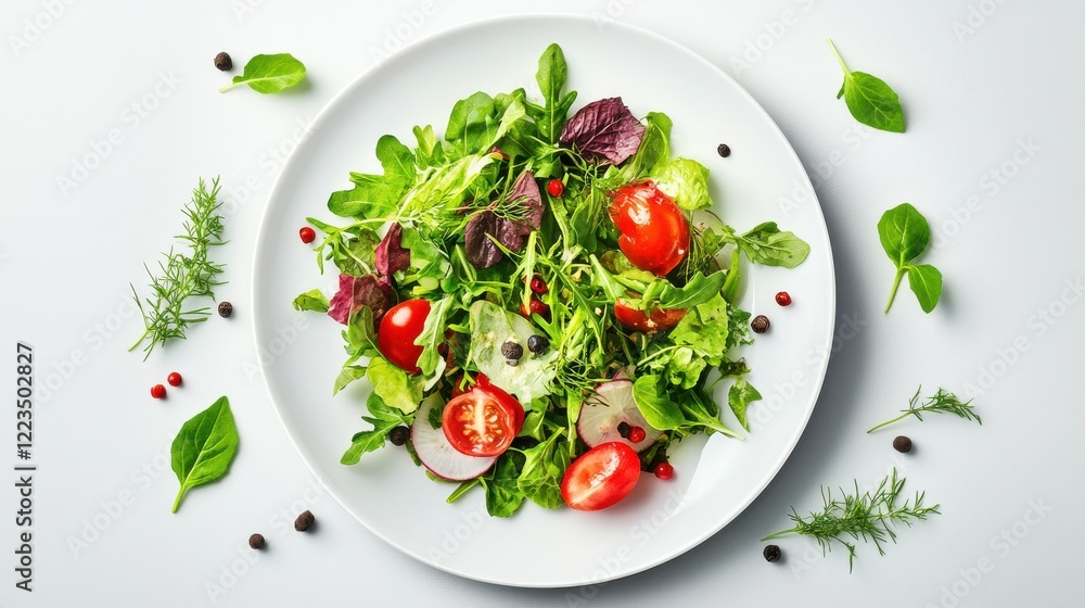 Fresh mixed green salad with cherry tomatoes and herbs on white plate Fresh mixed green salad with cherry tomatoes and herbs on white plate