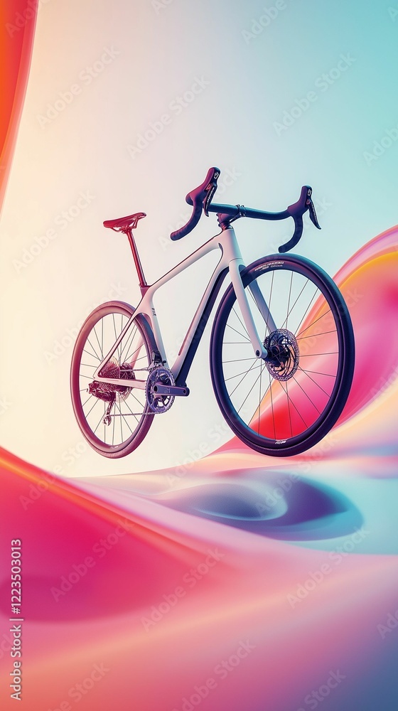 Fototapeta premium A sleek 3D-rendered road bike floating in mid-air, surrounded by swirling geometric shapes on a soft gradient background