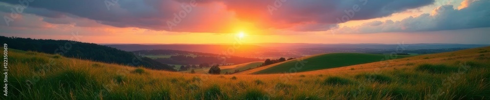 Serene landscape with rolling hills under a cloudy sky at sunrise, landscape, rolling hills, cloudy skies Serene landscape with rolling hills under a cloudy sky at sunrise, landscape, rolling hills, cloudy skies