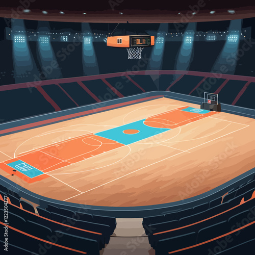 Modern basketball court interior with spotlights scoreboard and empty seats cartoon vector illustration