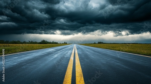 Wet Highway Under Dramatic Storm Clouds: A Moody Landscape