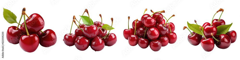 Cluster of fresh cherries with stems isolated on transparent background, PNG, Set of Cluster of fresh cherries with stems isolated on transparent background, PNG, Set of