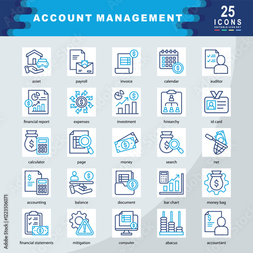 Account Management icon set containing asset, payroll, invoice, financial report, expenses, investment, hirearchy, id card, Management, money, mitigation icon. Simple color outline vector