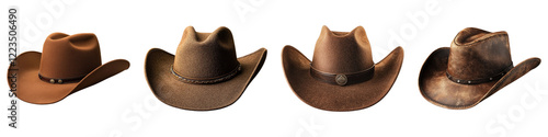 Brown cowboy hat isolated on transparent background, PNG, Set of