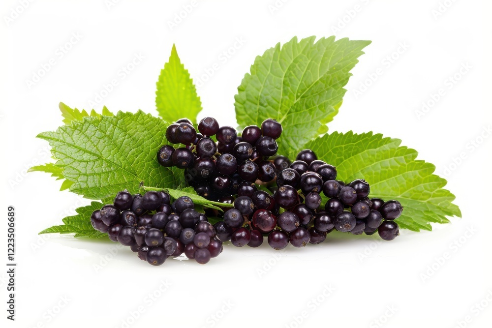 A vibrant cluster of fresh black currants atop lush green leaves, captured in a bright, inviting setting to celebrate nature's bounty isolated on transparent background A vibrant cluster of fresh black currants atop lush green leaves, captured in a bright, inviting setting to celebrate nature's bounty isolated on transparent background