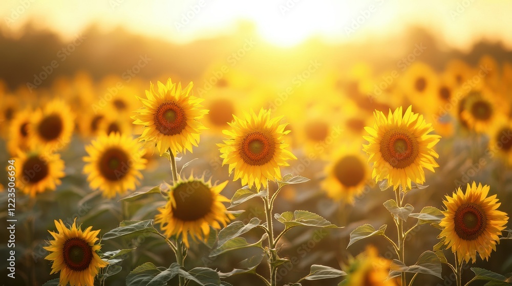 Sunlit field of vibrant sunflowers at sunset Sunlit field of vibrant sunflowers at sunset