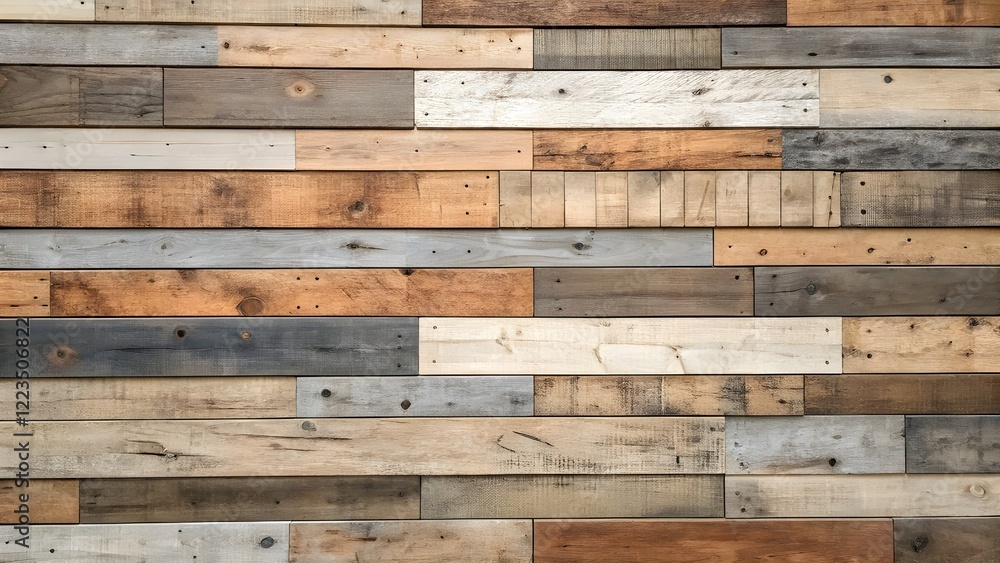 Naklejka premium Reclaimed wood planks, arranged in horizontal rows, form a wall panel. The planks are various shades of brown, beige, and gray, displaying natural wood grain patterns and visible knots 
