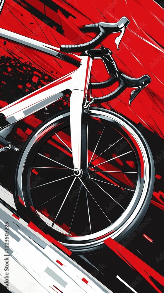 Fototapeta premium A stylized graphic illustration of a road bike in sharp, angular lines and bold colors like red, black, and white. The abstract design feels sleek, modern