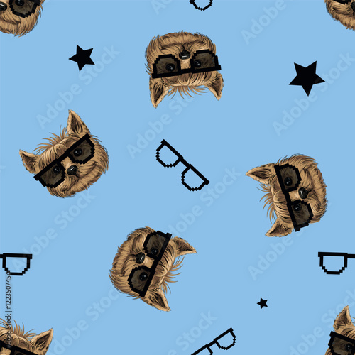 Seamless Pattern with Yorkshire Terrier Dog Faces, pixel sunglasses, and Star Prints on blue Background. Dude print with puppy faces