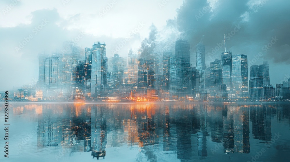 Fototapeta premium Cityscape Reflection: A Misty Metropolis at Dawn