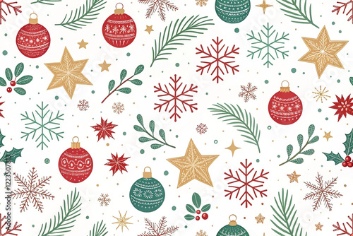 Festive Christmas seamless pattern with ornaments, snowflakes, stars, and greenery.