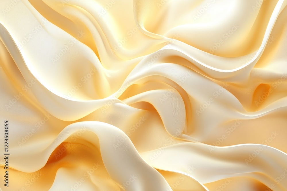 Fototapeta premium Cream silk fabric drapes, studio shot, soft light, background blur, textile design