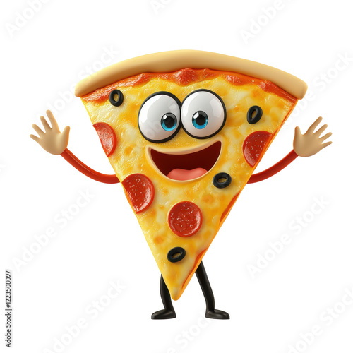 3D icon cartoon of a cheerful pizza slice with a face and waving arms, isolated on a white background 