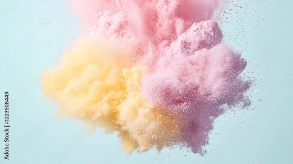 Fototapeta premium Pink and yellow powder explosion against a light blue background