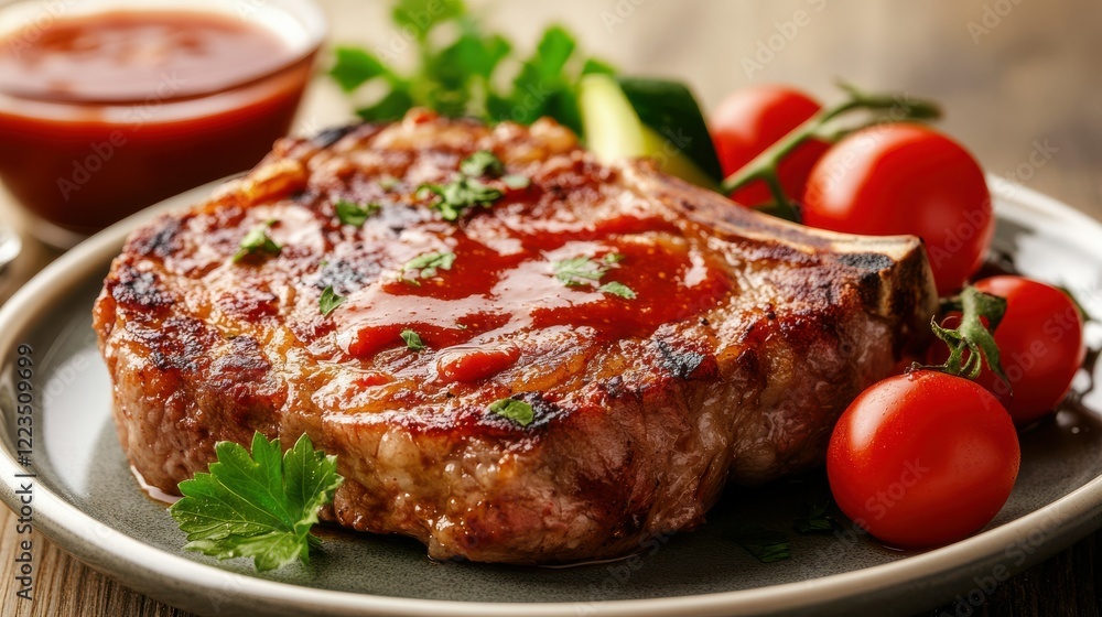 Grilled steak with cherry tomatoes and herbs on plate Grilled steak with cherry tomatoes and herbs on plate