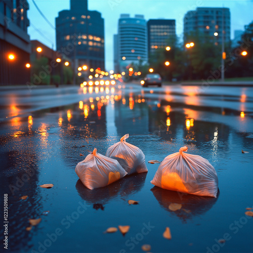 Three garbage bags rest on road, lit by city lights. This garbage highlights problem of waste on streets, showing environmental impact of unmanaged garbage in cities. photo