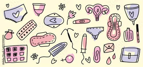 Set of feminine hygiene items, hand drawn in doodle style	

