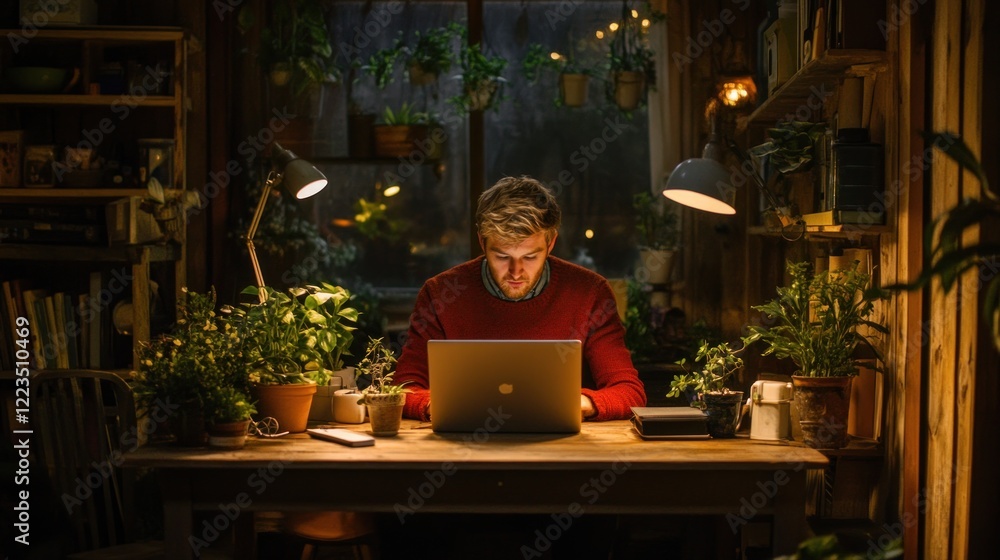Man Working on Laptop in Cozy Room with Plants Man Working on Laptop in Cozy Room with Plants