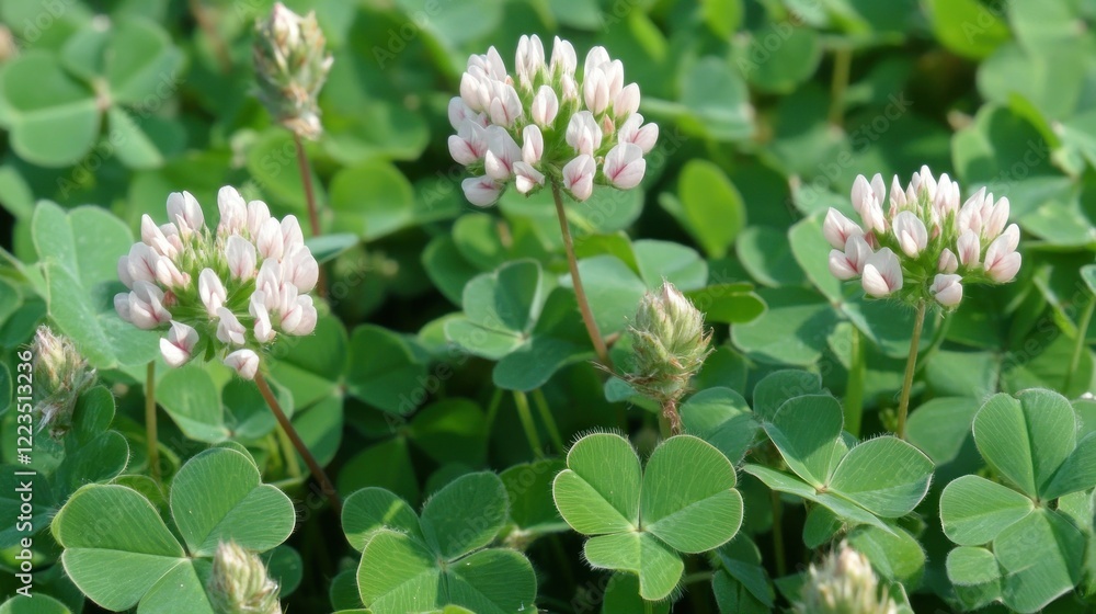 White clover blossoms amongst green clover leaves White clover blossoms amongst green clover leaves