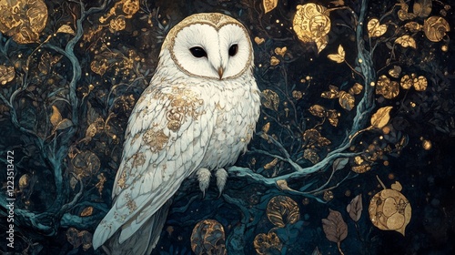 White owl with golden leaves on a branch. Generative AI