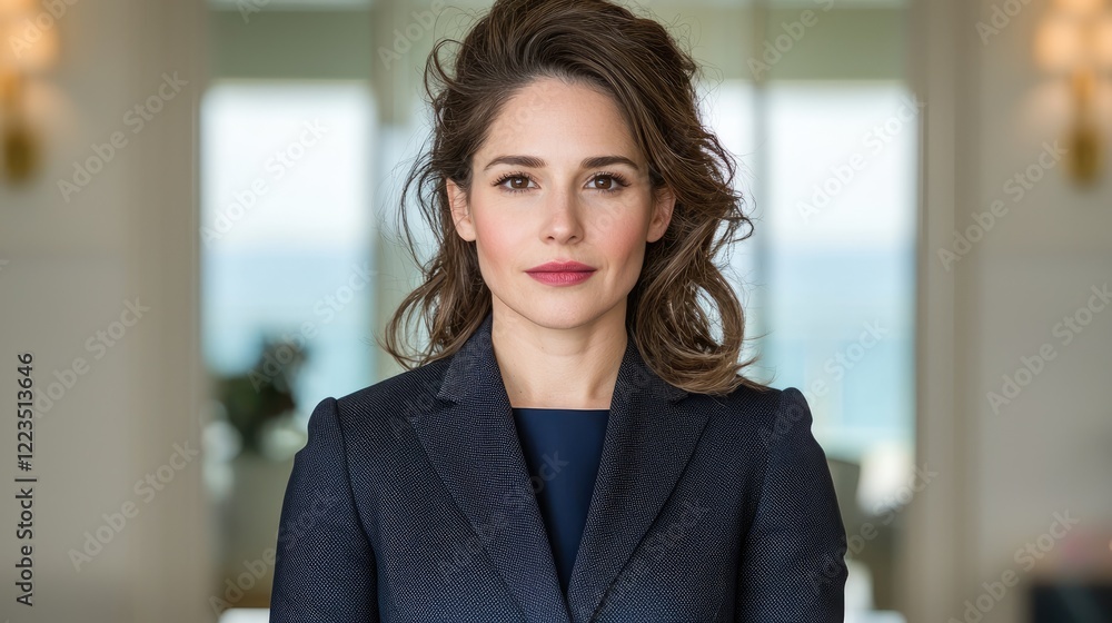 Confident businesswoman portrait, modern office, ocean view, professional headshot for website Confident businesswoman portrait, modern office, ocean view, professional headshot for website